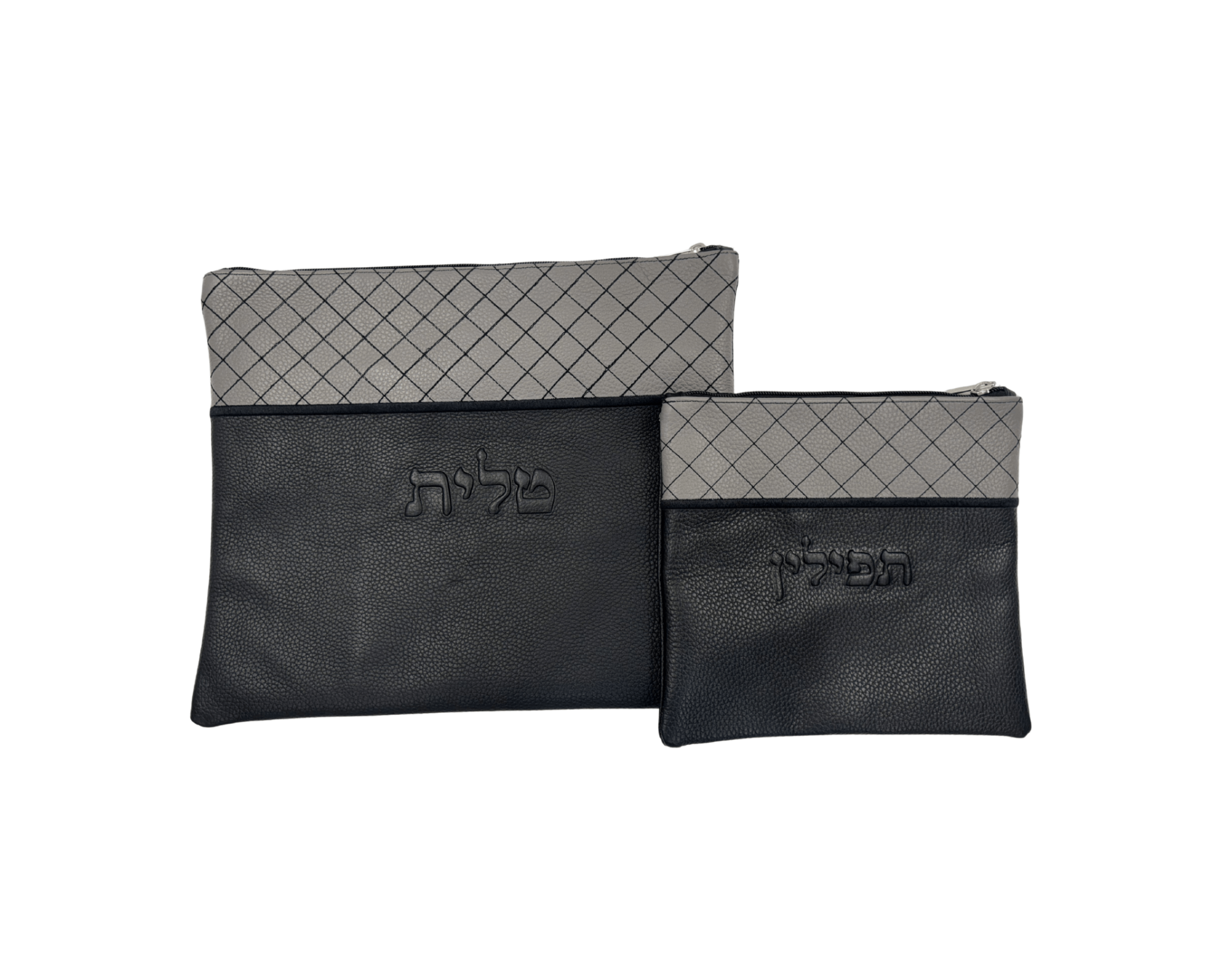 Premium Black & Gray Leather Tallit & Tefillin Bag Set
