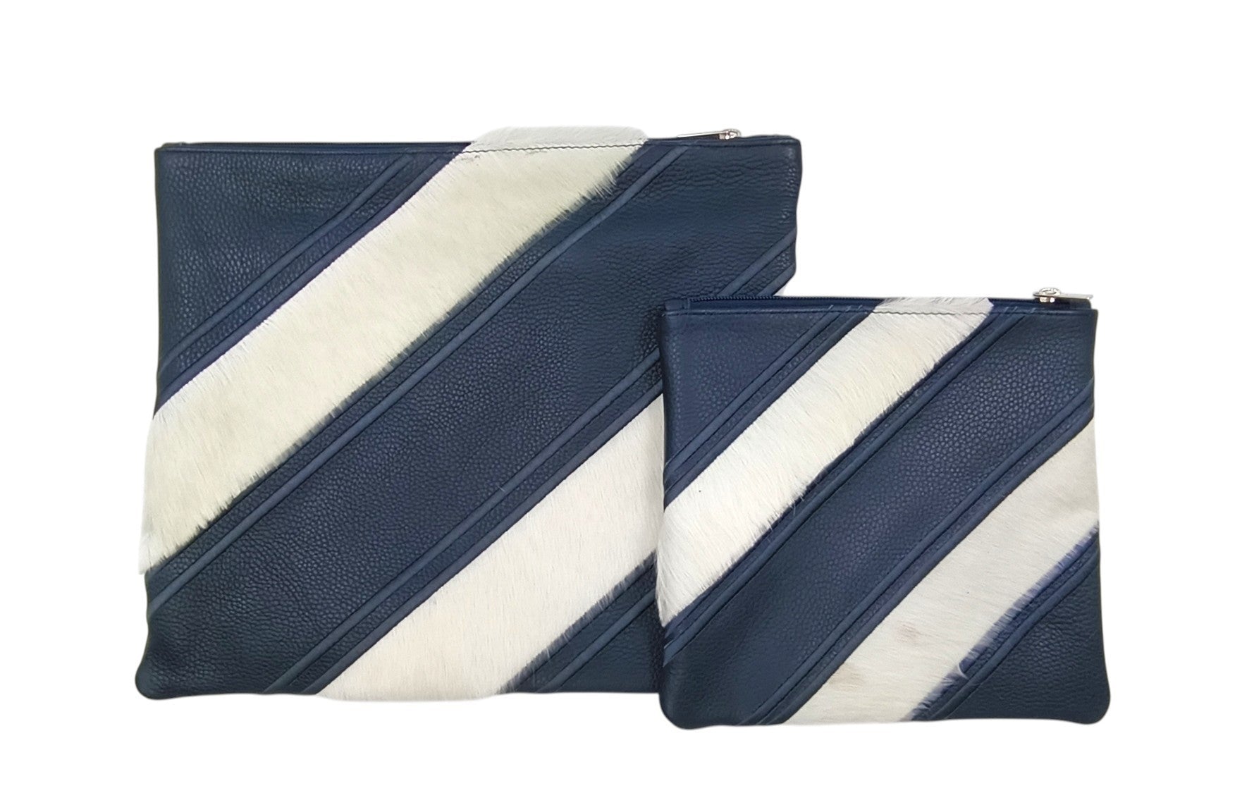 Premium Navy Leather & Natural Fur Tallit & Tefillin Bag Set