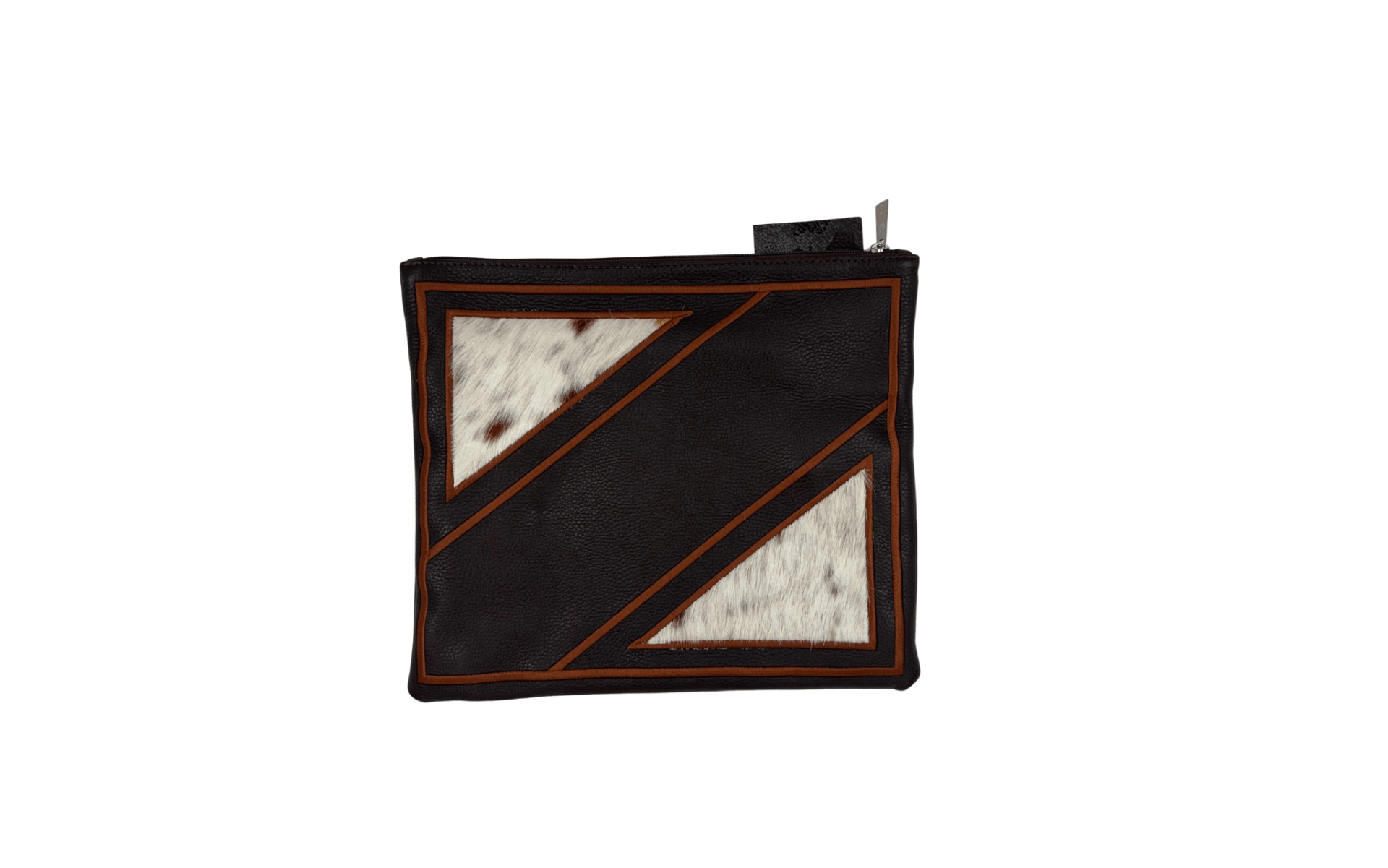 Dark Brown Genuine Leather Tallit & Tefillin Bag Set with Geometric Natural Hide Panels – Handmade in Israel