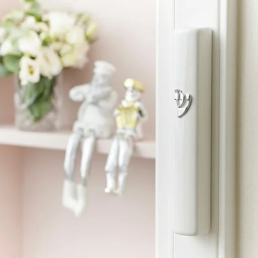 White Plastic Mezuzah Case with Silver Shin