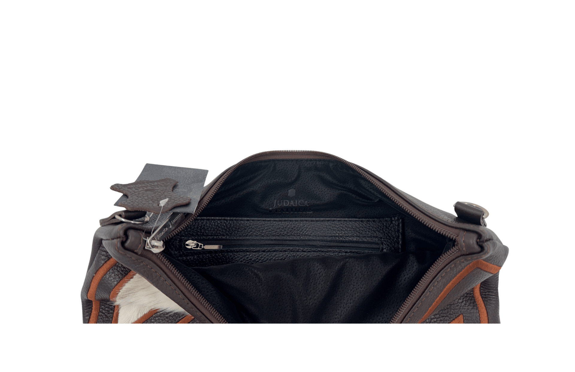 Dark Brown Genuine Leather Tallit & Tefillin Bag Set with Geometric Natural Hide Panels – Handmade in Israel