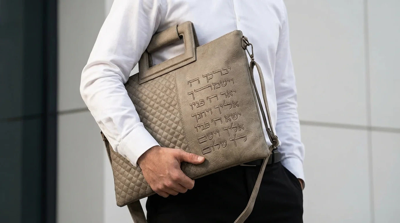 Faux Leather Tallit & Tefillin Bag Set with Strap – Priestly Blessing Design- Dark Gray