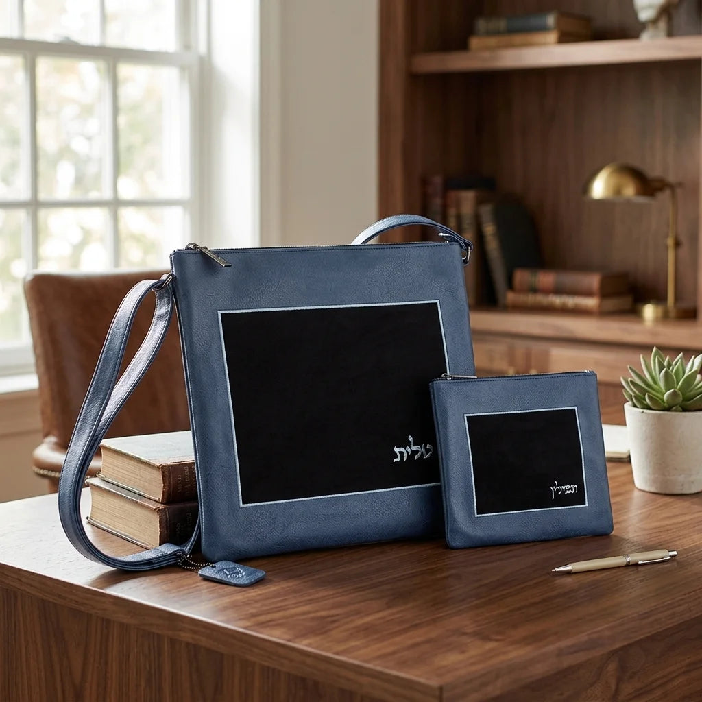 Blue Faux Leather Tallit & Tefillin Bag Set