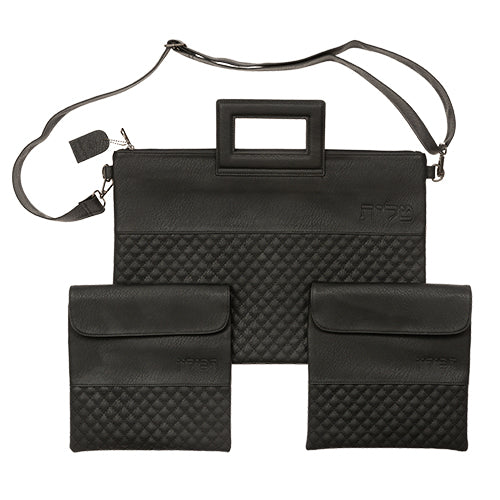 Faux Leather Tallit & Tefillin Bag Set with Strap – Priestly Blessing Design- Rashi & Rabino Tam - Black - Blanke