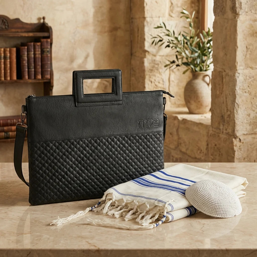Faux Leather Tallit & Tefillin Bag Set with Strap – Priestly Blessing Design- Rashi & Rabino Tam - Black - Blanke