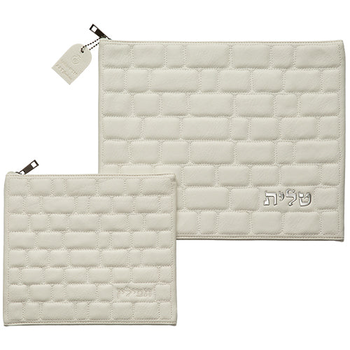 Faux Leather Western Wall Style Tallit & Tefillin Bag Set – Classic Design- White & Silver