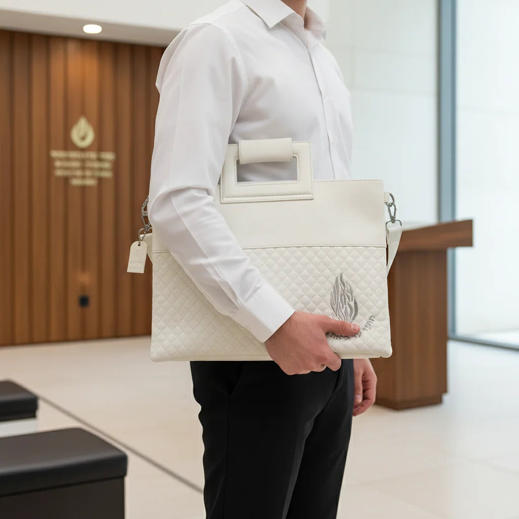 Faux Leather Tallit & Tefillin Bag Set with Strap – Haesh Sheli Design- White