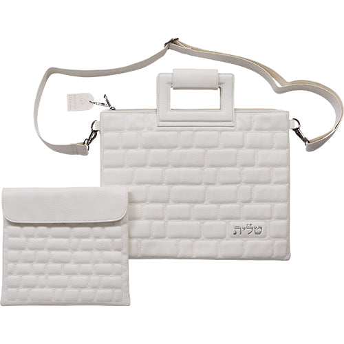 Faux Leather Western Wall Style Tallit & Tefillin Bag Set with Strap – White