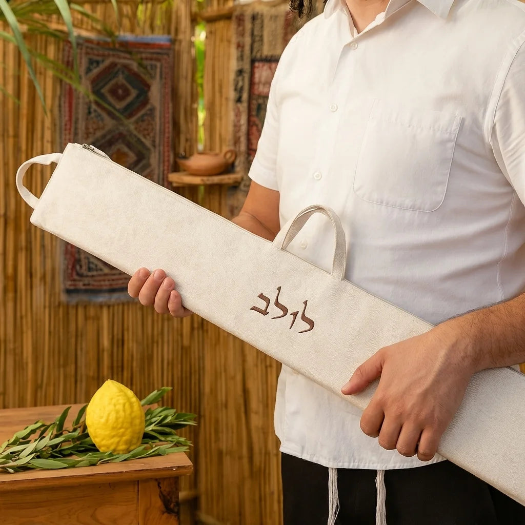 Faux Leather Lulav Bag with Thermal Insulation – Antique White Embossed "Lulav" Design