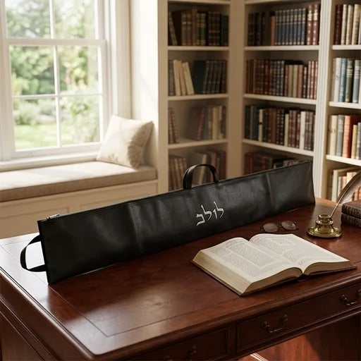 Faux Leather Lulav Bag with Thermal Insulation – Black | Antique White Embossed "Lulav" Design