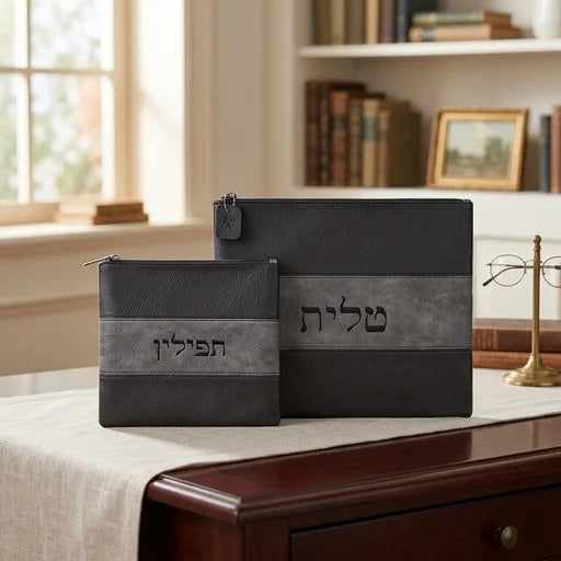 Black & Gray Faux Leather Tallit & Tefillin Bag Set – Laser Engraved