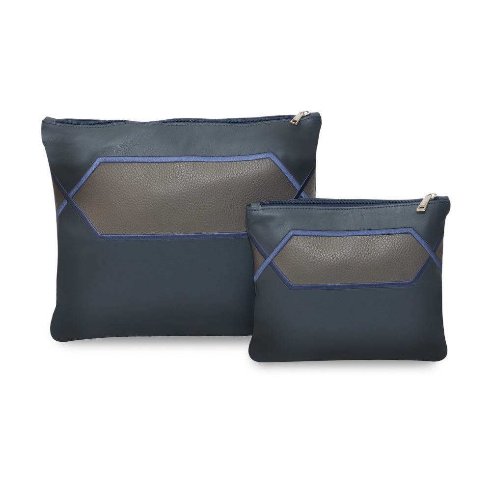 Premium Blue Leather Tallit & Tefillin Bag Set with Gray Diamond Embroidery Panel