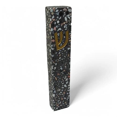 Concrete Mezuzah Case - Dark terrazzo With Gold Shein - Rectangle