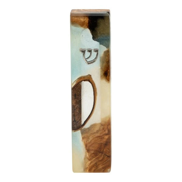 Handcrafted Epoxy & Wood Mezuzah – Small- Light Blue & Yellow