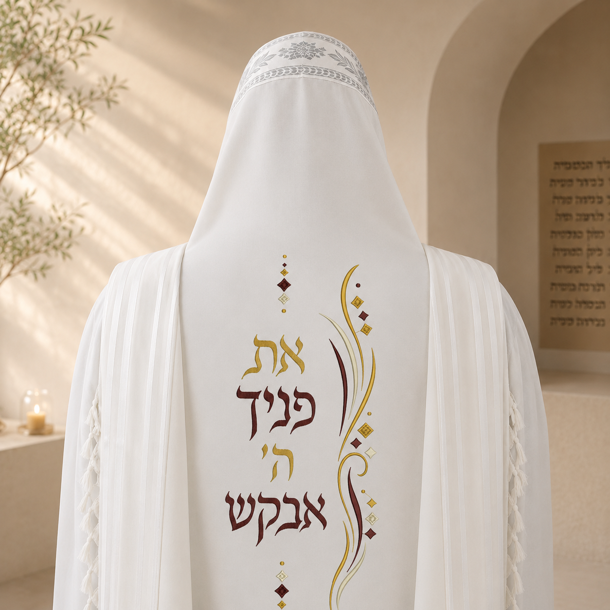 "Et Panecha Hashem Avakesh" – Hebrew Calligraphy Back Embroidery (Gold, Light Brown & Dark Brown)