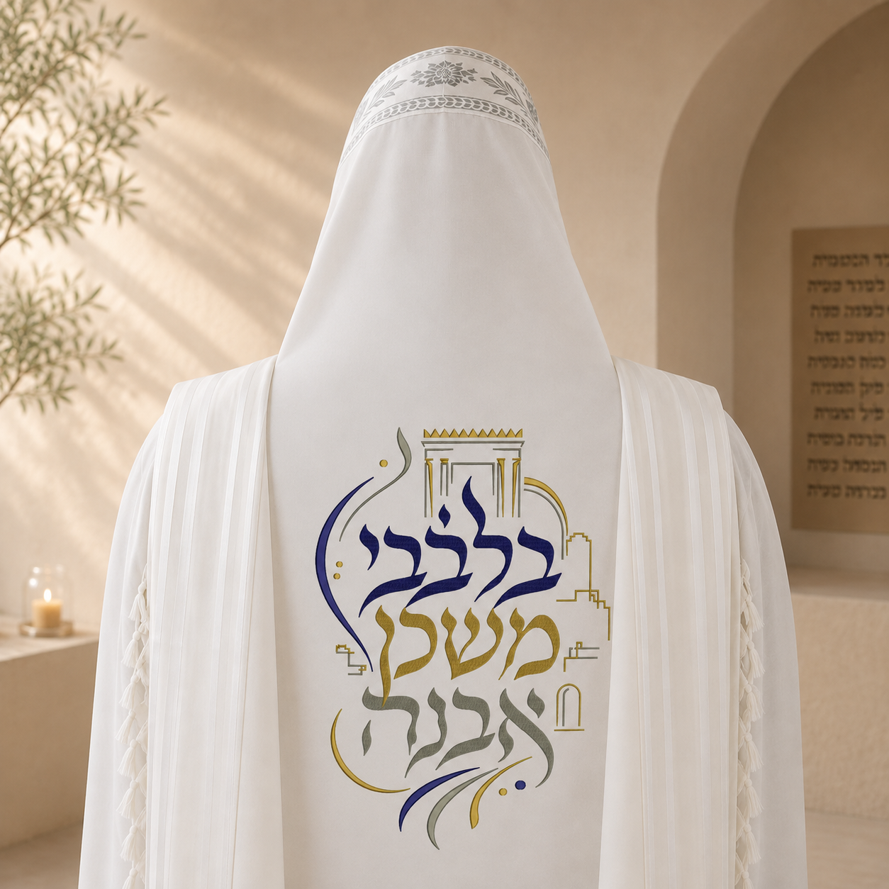 "B'Levavi Mishkan Evneh" – Temple & Jerusalem Walls Back Embroidery (Blue, Gold & Dark Silver)