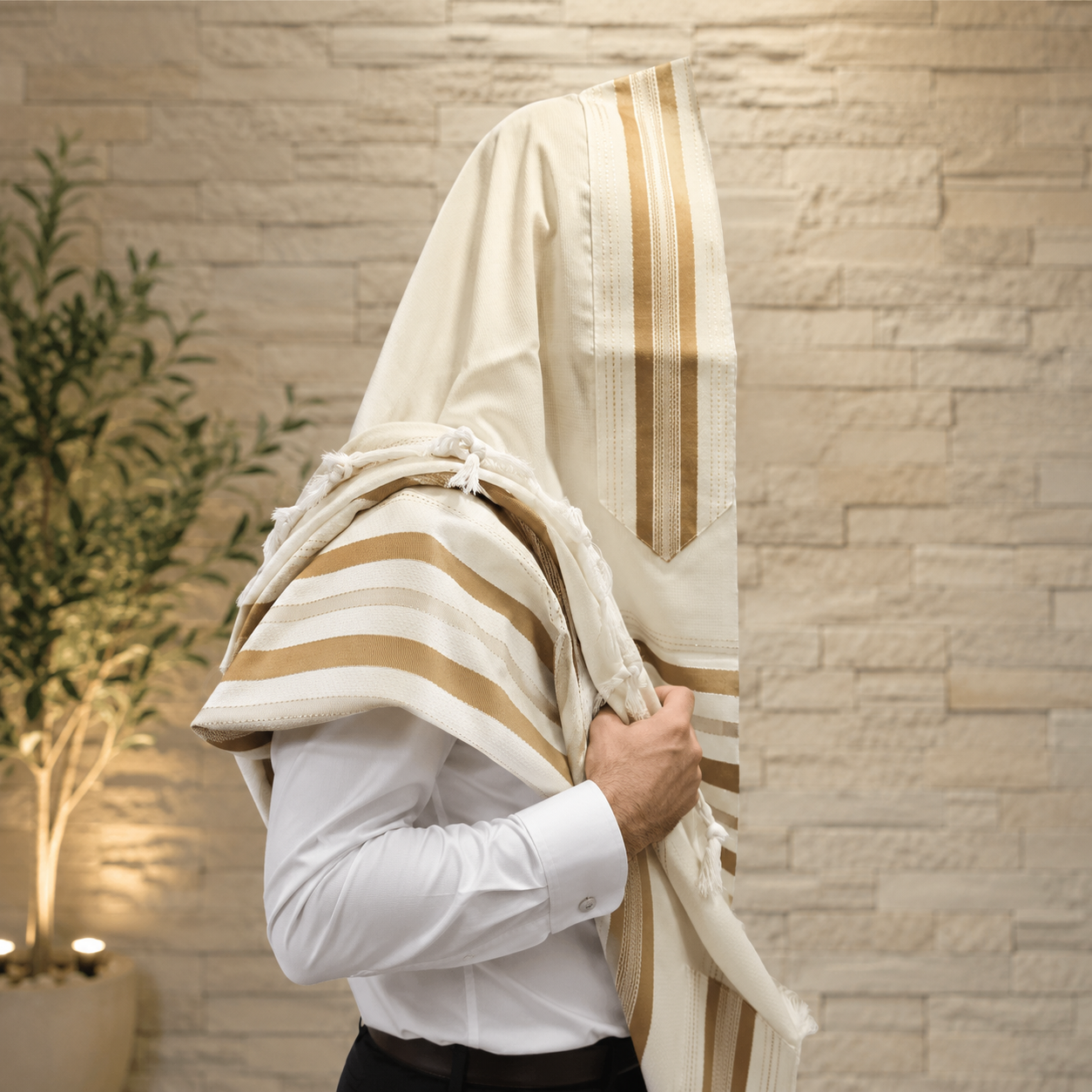Premium 100% Wool Tallit – Beige Stripes | Made in Israel