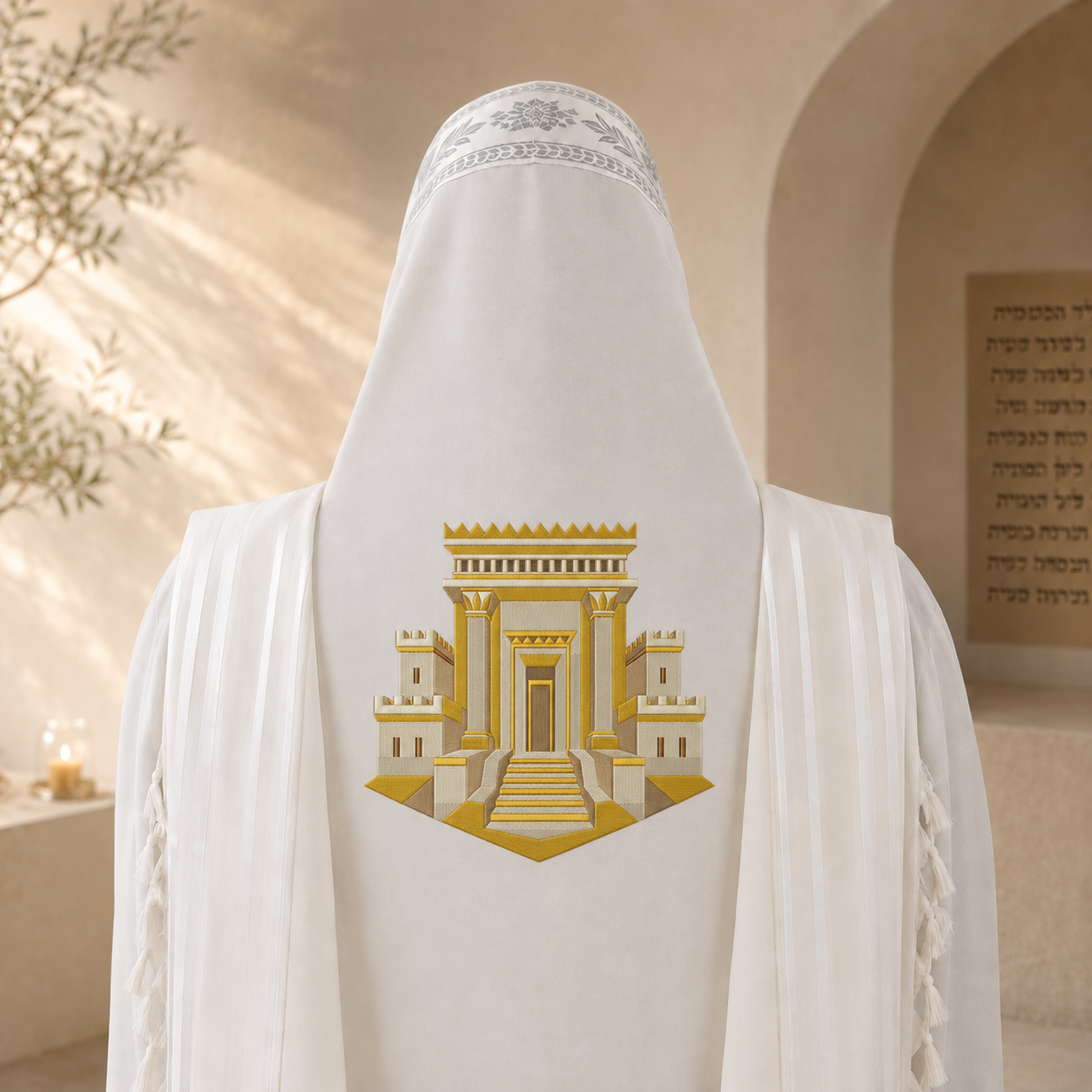 3D Temple Embroidery – Premium Full-Stitch Back Design | Gold & Beige