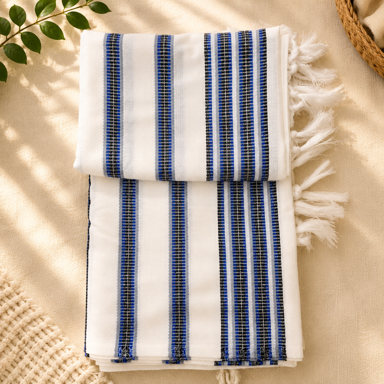 Premium Non-Slip Wool Tallit – Royal Blue, Techelet, Silver & Black Stripes