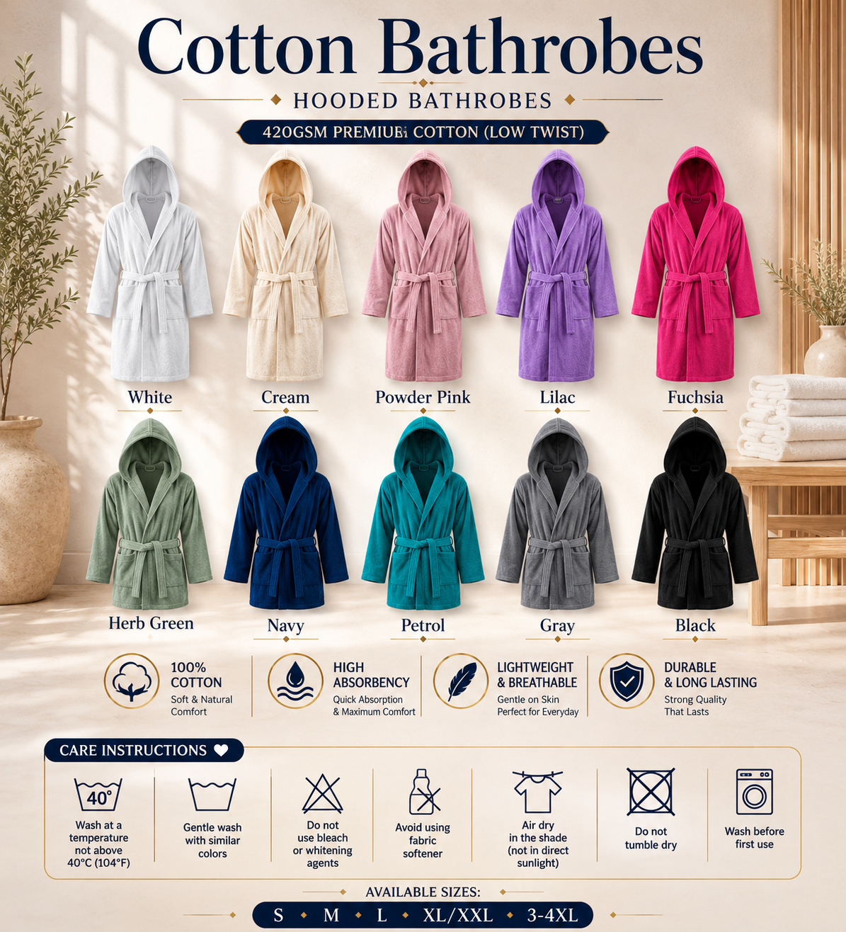 Premium Hooded Cotton Bathrobe | Personalized Embroidery Available