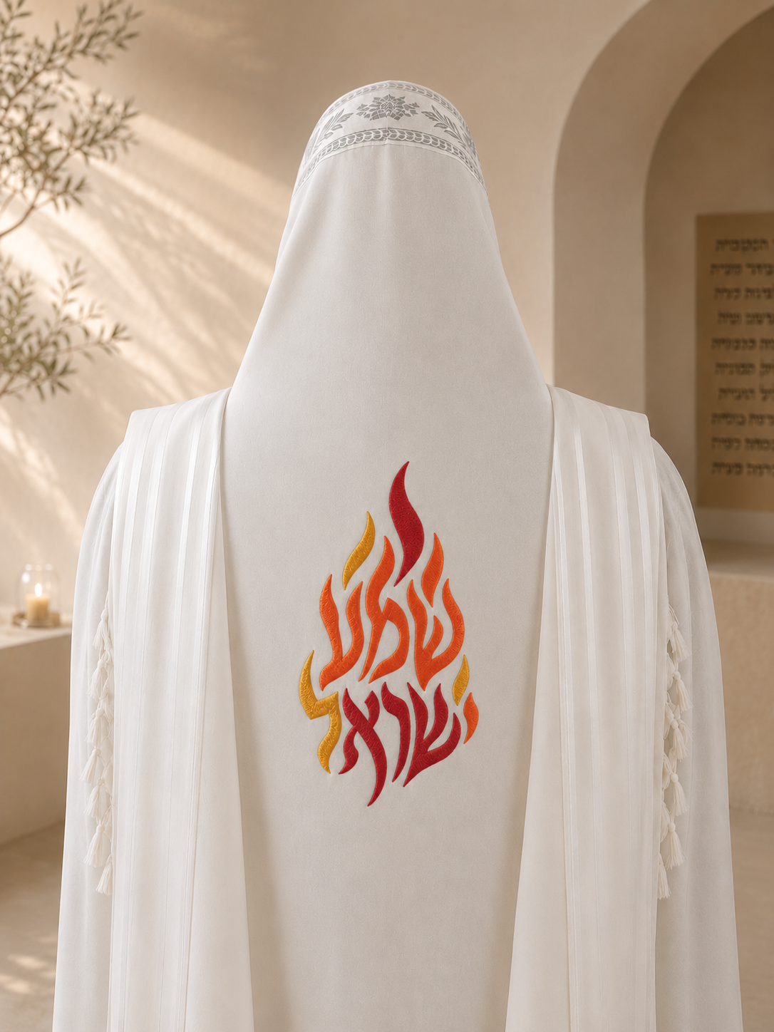 Shema Yisrael Flame Embroidery Design – Three-Color Custom Tallit Back Embroidery