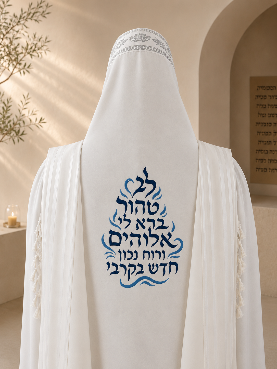 Lev Tahor Flame Embroidery Design for Tallit – Blue & Light Blue Custom Back Embroidery