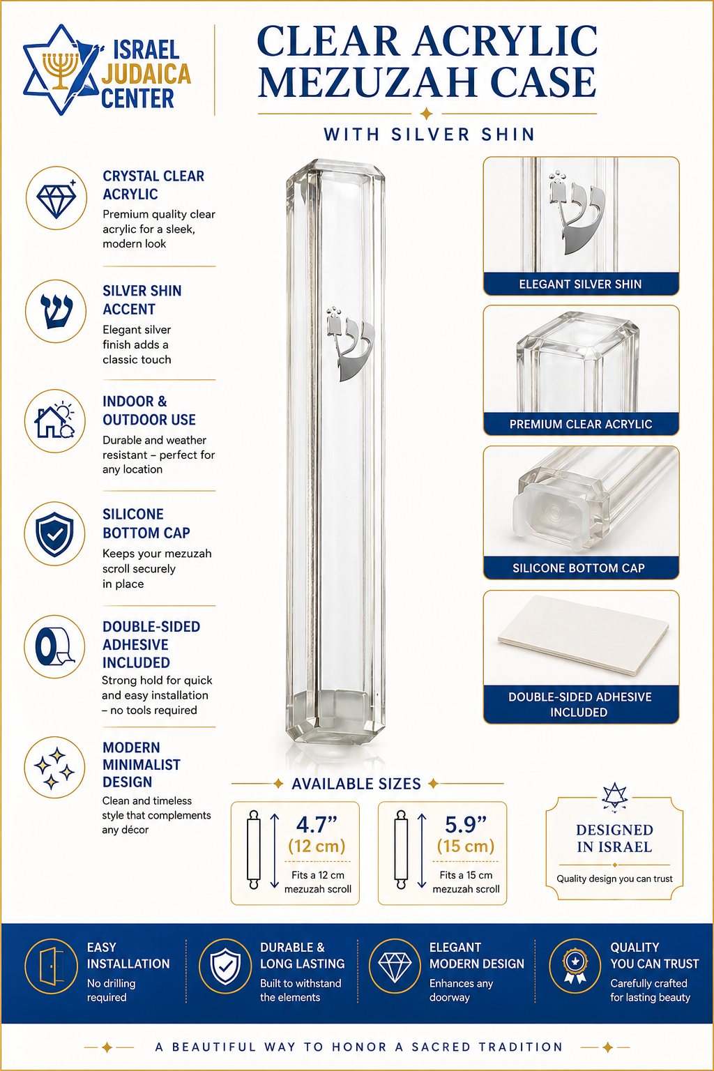 Clear Acrylic Mezuzah Case with Silver Shin