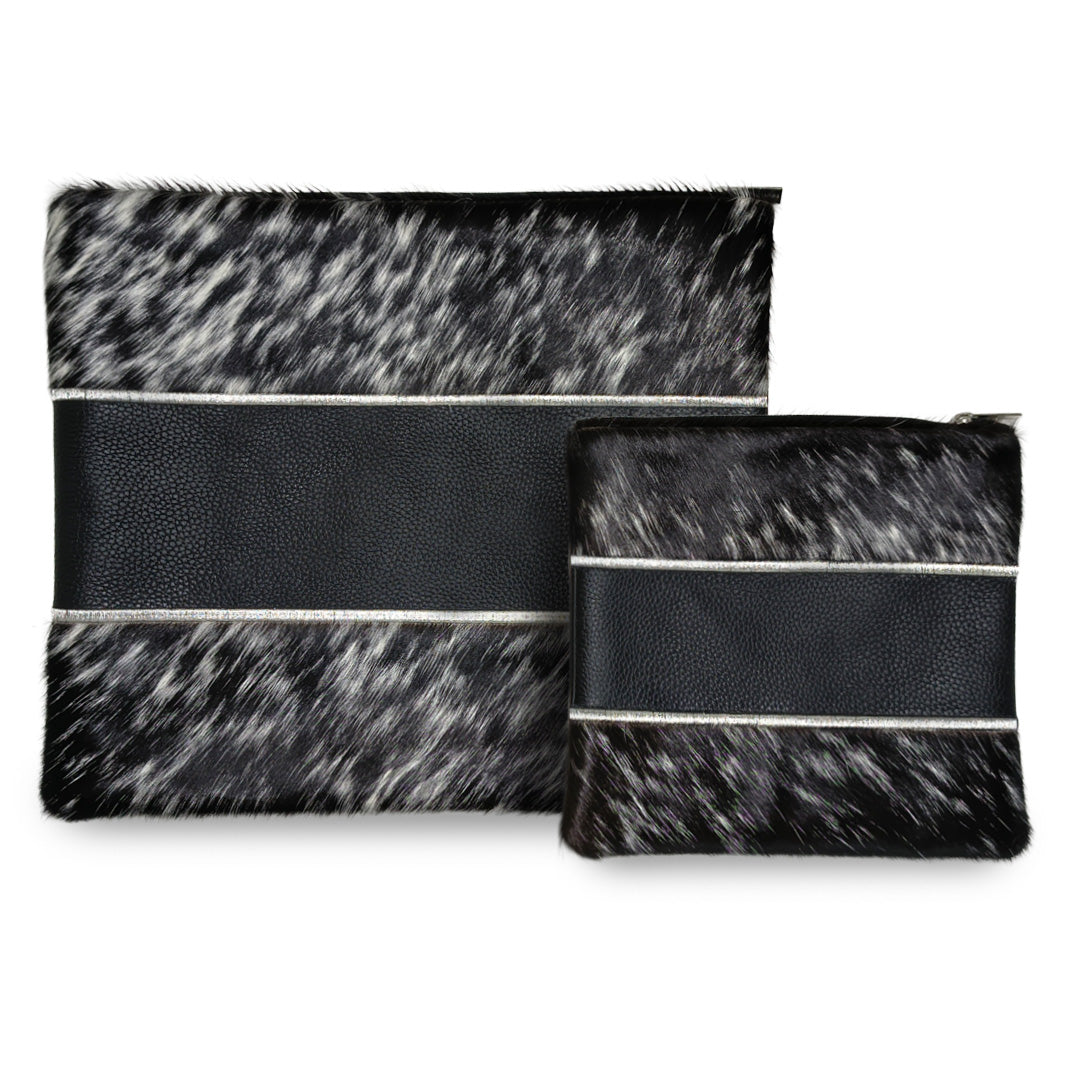 Premium Black Leather & Speckled Natural Fur Tallit & Tefillin Bag Set