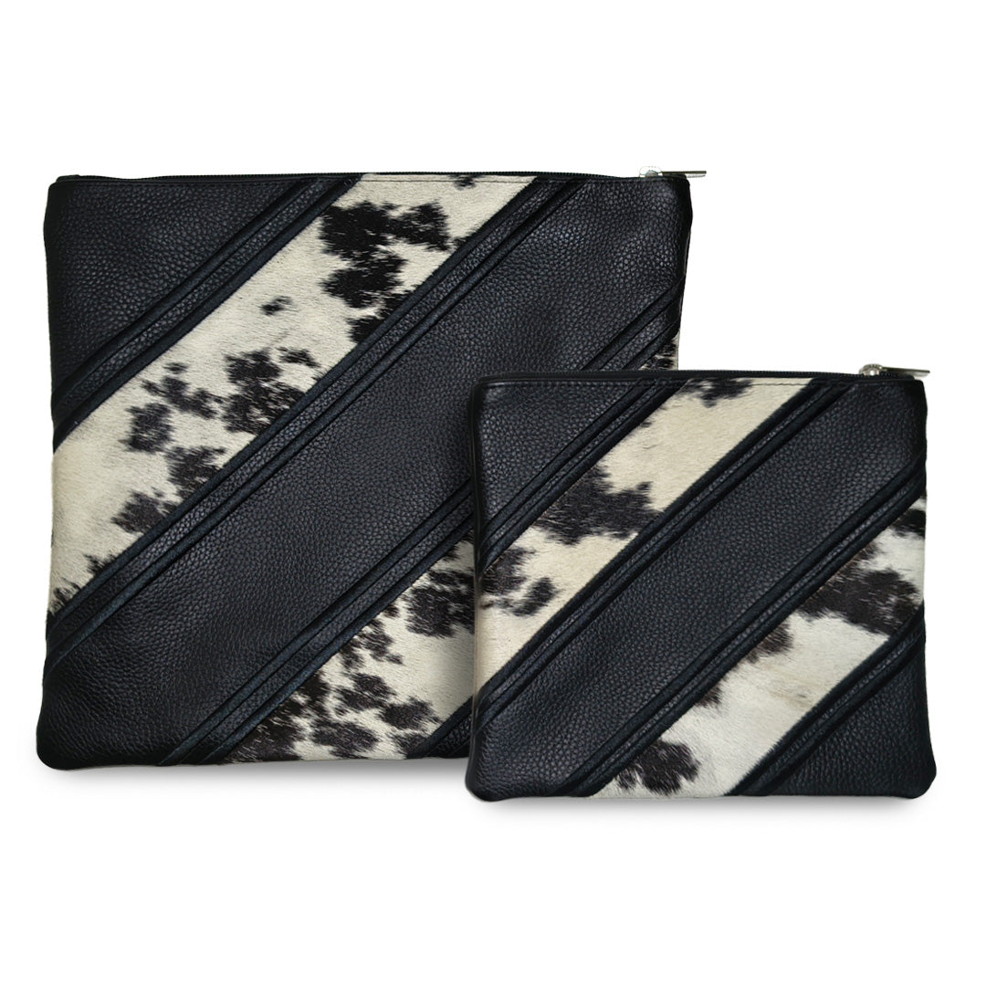 Premium Black Leather Tallit & Tefillin Bag Set with Black & White Cowhide Fur Diagonal Design