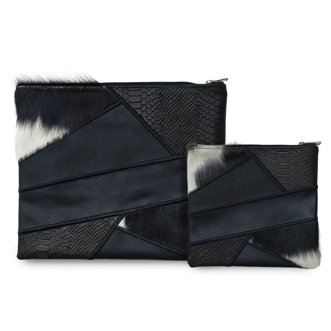 Premium Black Leather Tallit & Tefillin Bag Set with Black & White Cowhide Fur Accents
