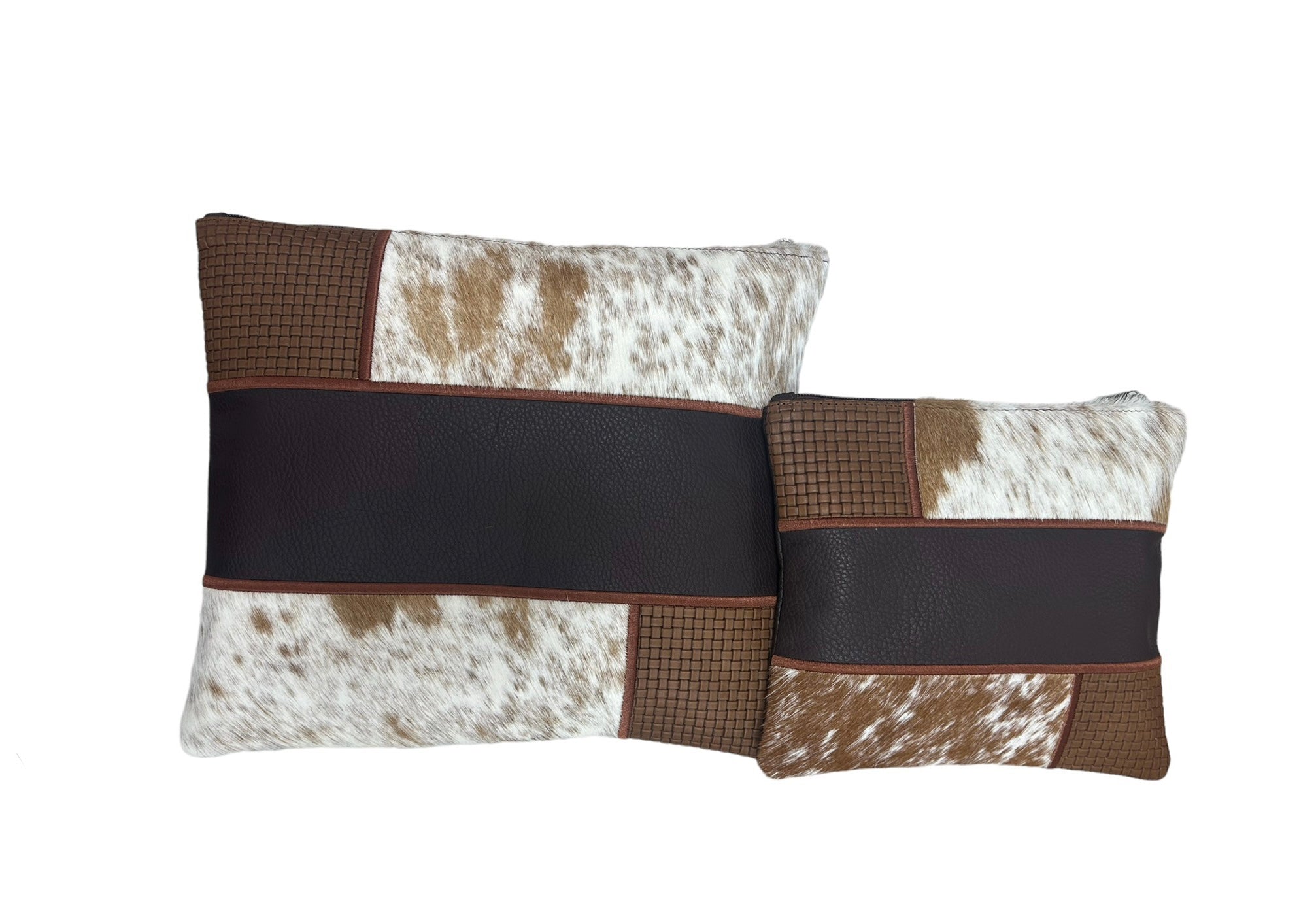 Premium Brown Leather Tallit & Tefillin Bag Set with Cowhide Fur Accent Panels