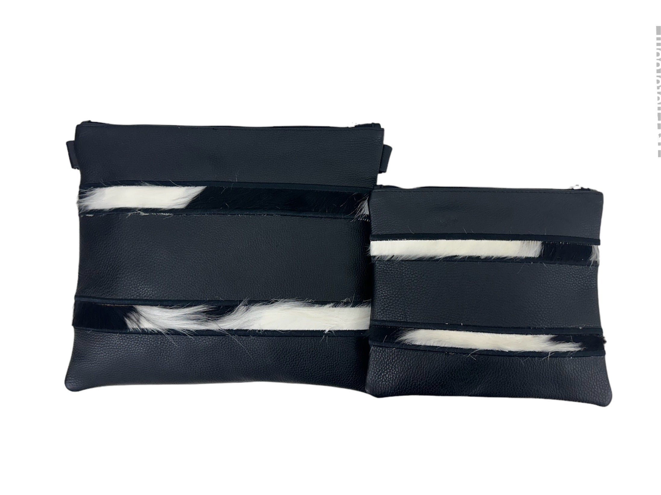 Premium Black Leather Tallit & Tefillin Bag Set with Black & White Cowhide Fur Stripe Accents