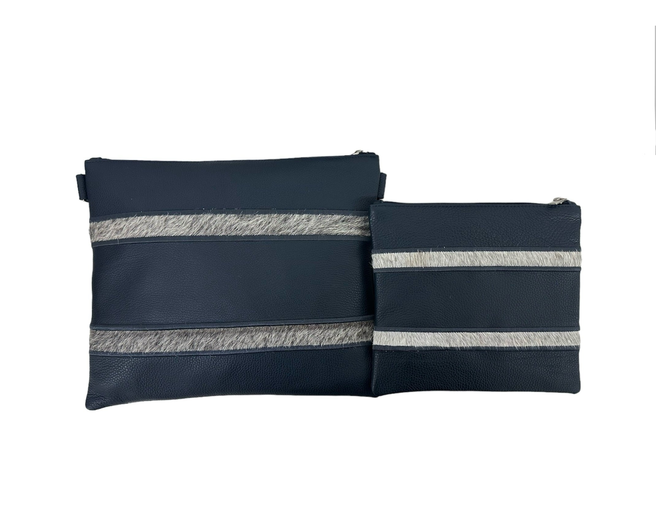 Premium Blue Leather Tallit & Tefillin Bag Set with Gray & White Cowhide Fur Stripe Accents