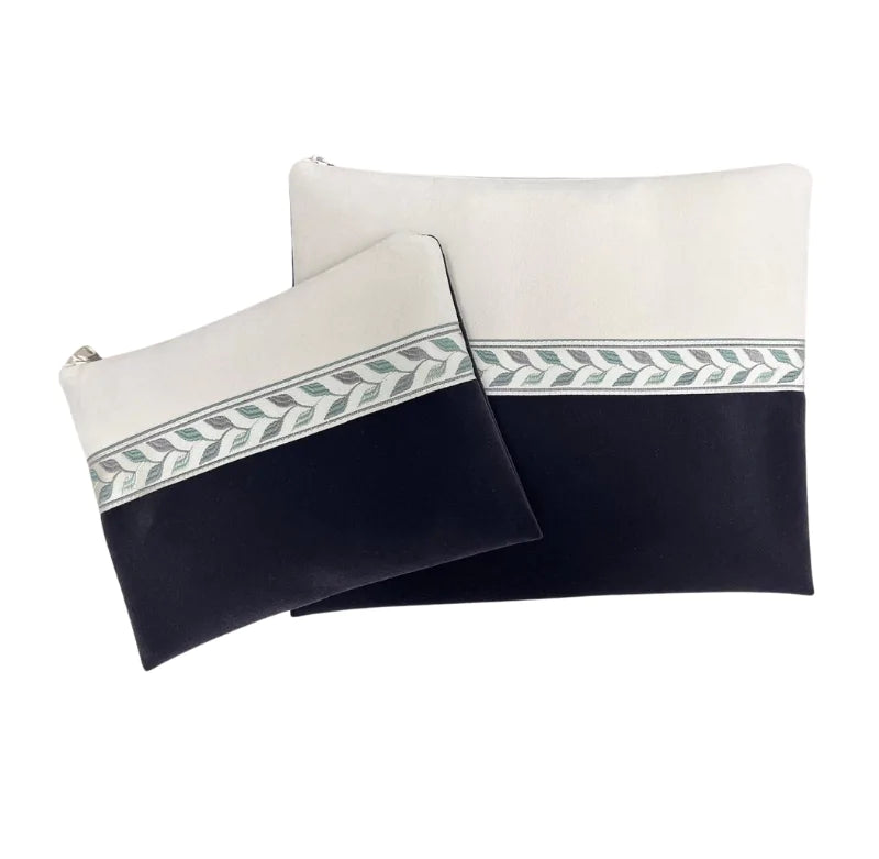 Handmade Impala Fabric Tallit & Tefillin Bag Set – Deep Blue & White with Leaf Embroidered Stripe