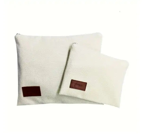 Handmade Linen Tallit & Tefillin Bag Set – White with Embossed Leather Patch
