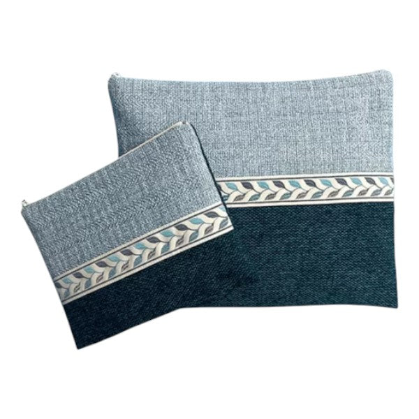Handmade Linen Tallit & Tefillin Bag Set – Leaf Embroidered Stripe Design