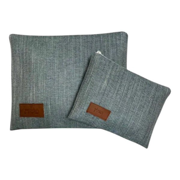 Handmade Linen Tallit & Tefillin Bag Set – Gray with Embossed Leather Patch