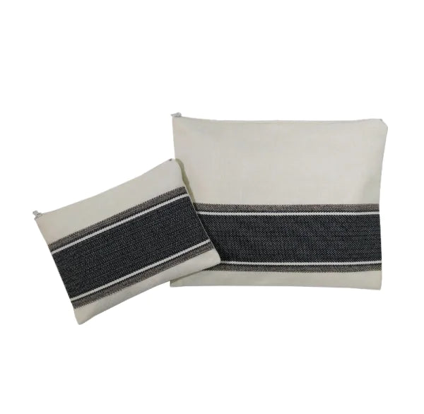Handmade Linen Tallit & Tefillin Bag Set – White Design with Black & Gray Stripe