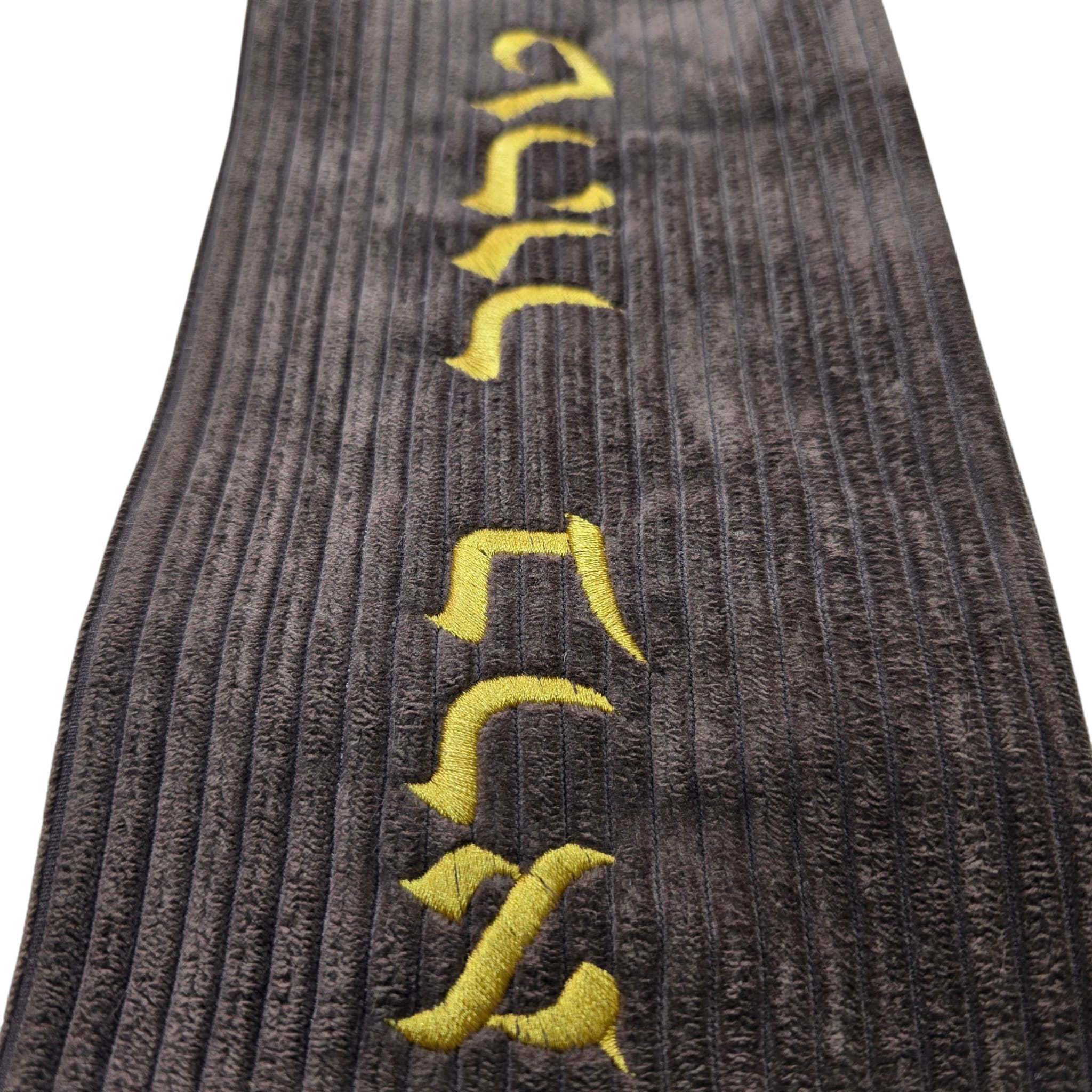 Premium Corduroy-Style Fabric Atarah – “Lev Tahor Bara Li Elokim” Gold Embroidered Design (Brown)