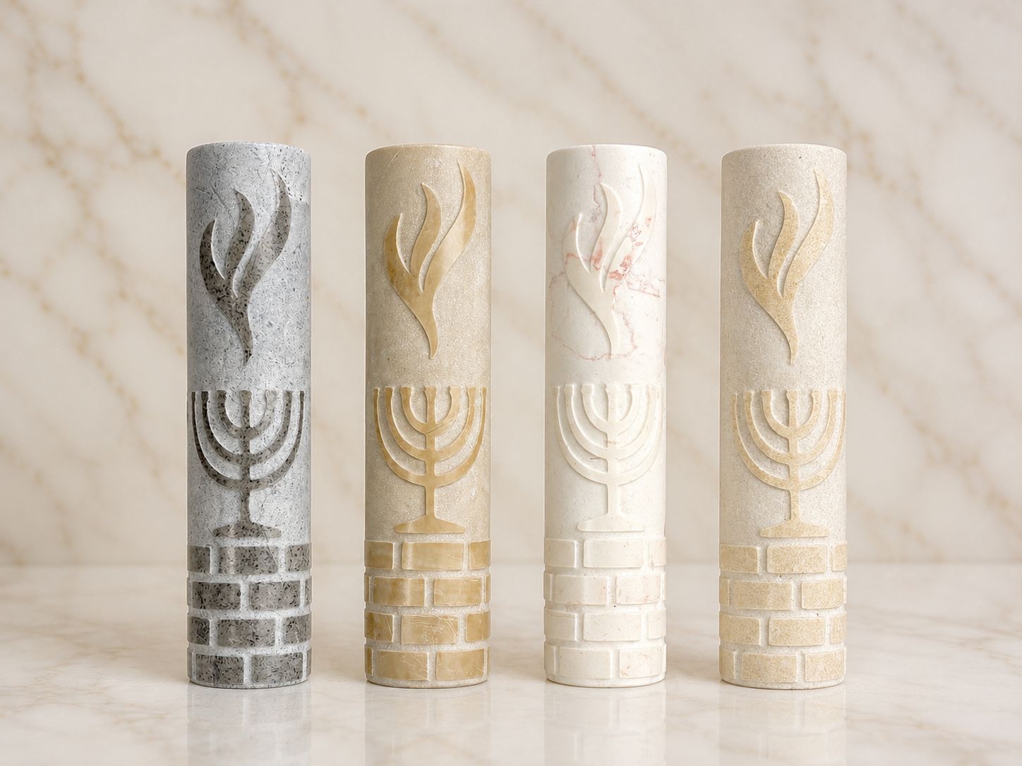 Jerusalem Stone Mezuzah Case – Shin & Menorah Engraved Design