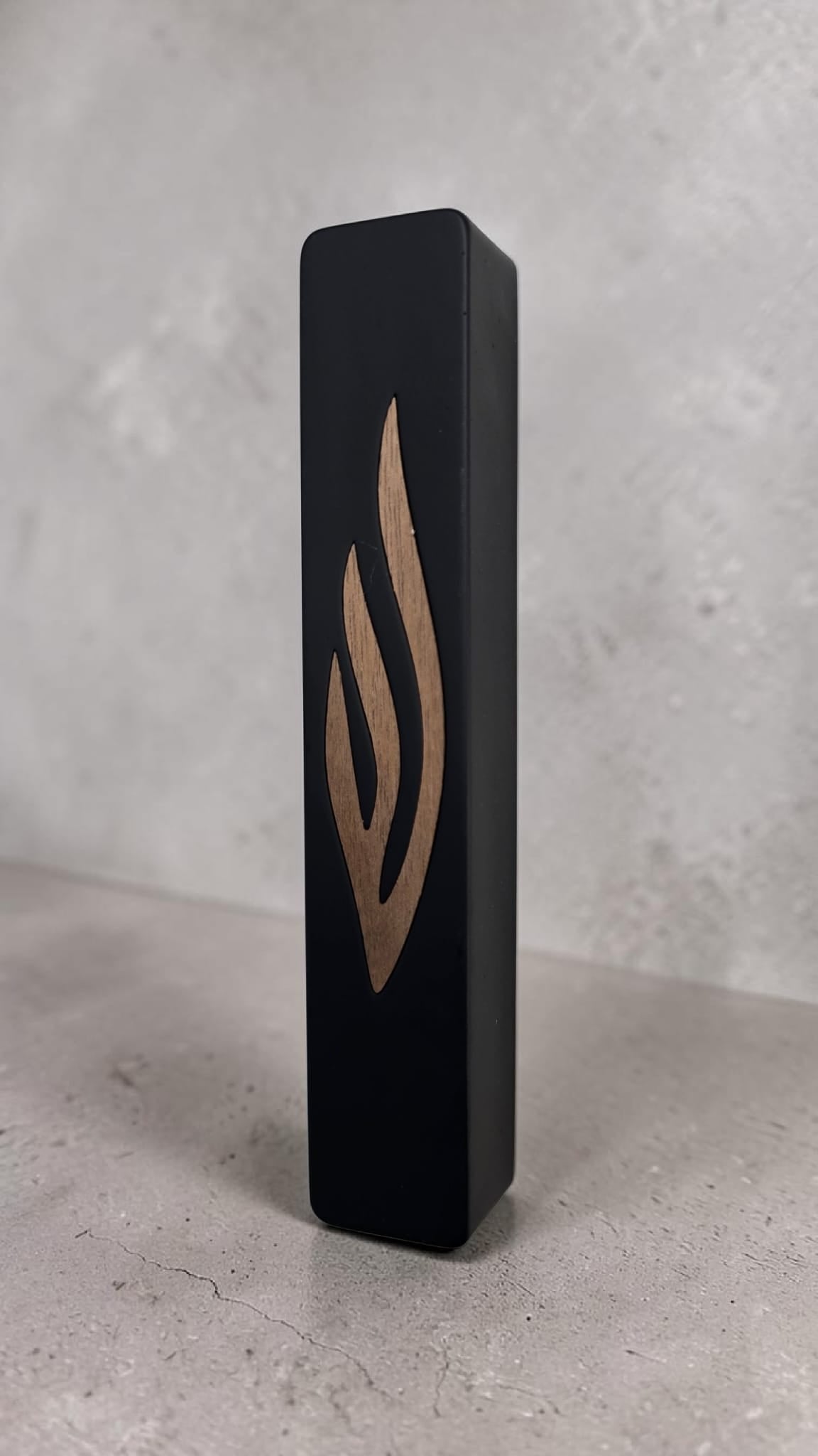 Modern Concrete Mezuzah Case- Black with Wood “Shin” Design
