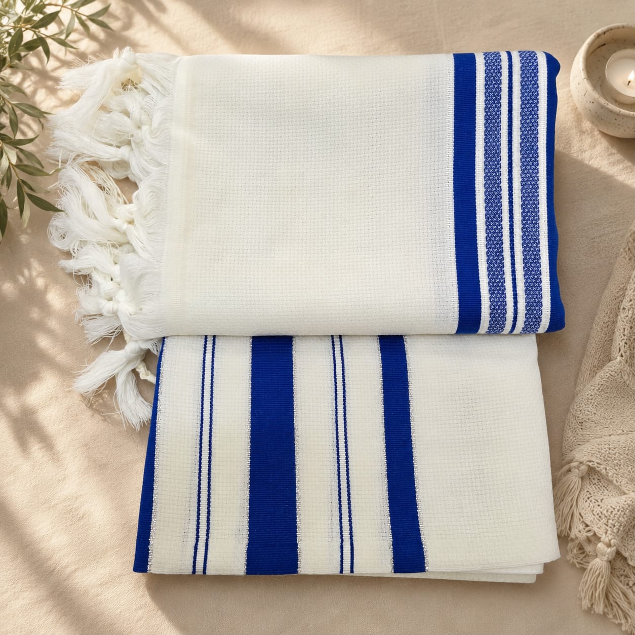 LAMENAZACH-Non-slip pure wool tallit- Blue stripes