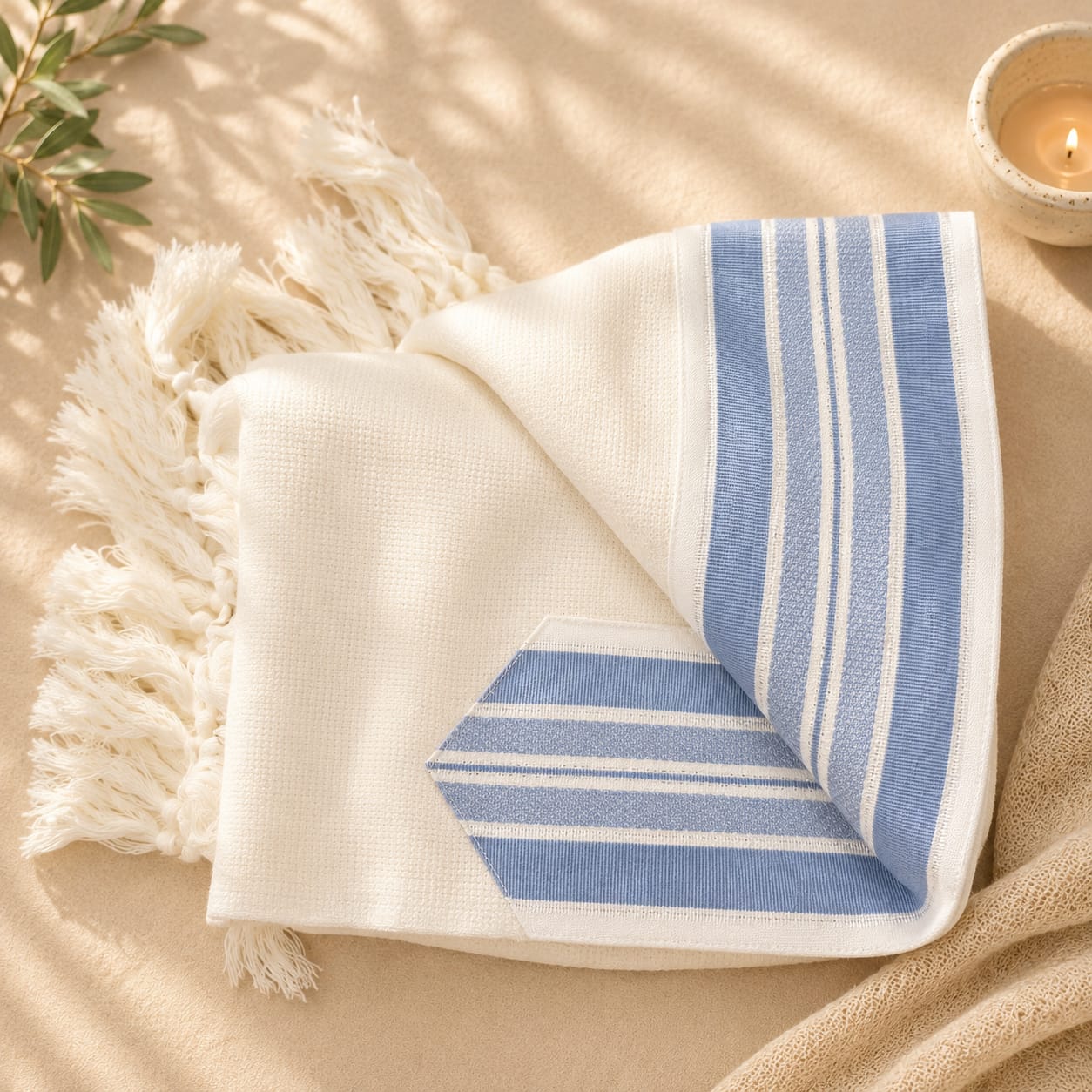 LAMENAZACH-Non-slip pure wool tallit-Light blue stripes