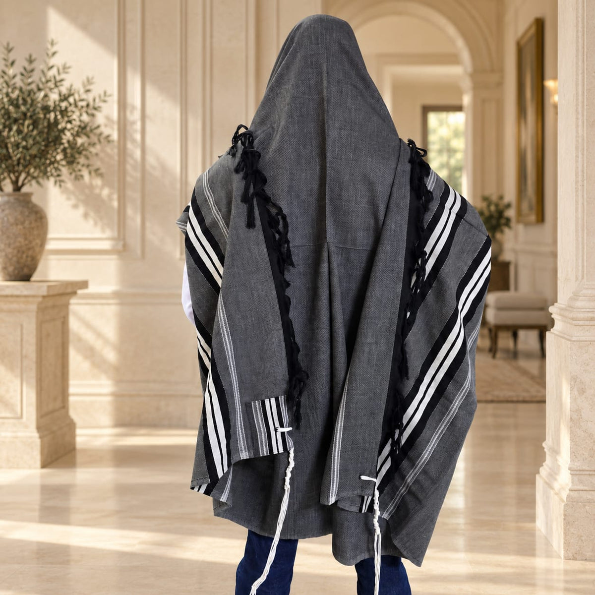 Charcoal Gray Tallit with Black and White Stripes