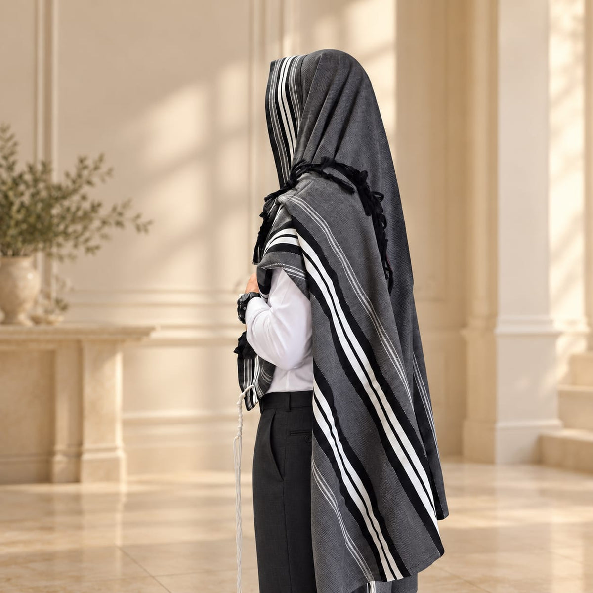 Charcoal Gray Tallit with Black and White Stripes