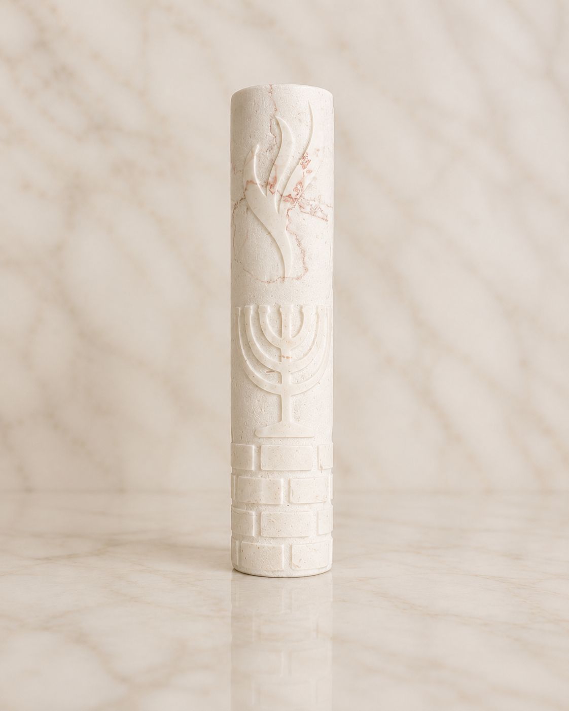 Jerusalem Stone Mezuzah Case – Shin & Menorah Engraved Design