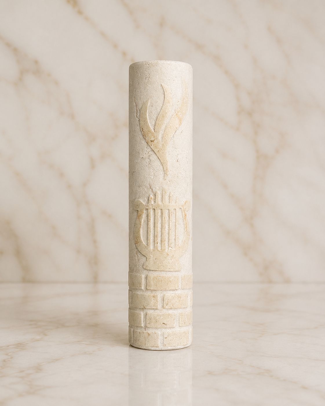 Jerusalem Stone Mezuzah Case – Shin & Harp Engraved Design