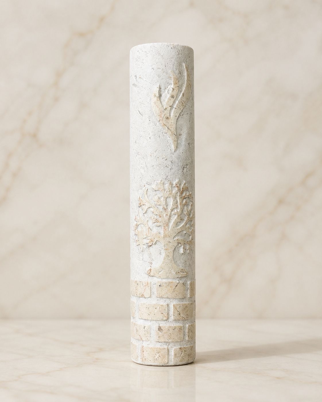 Rounded Jerusalem Stone Mezuzah Case – Shin & Tree of Life Engraved Design