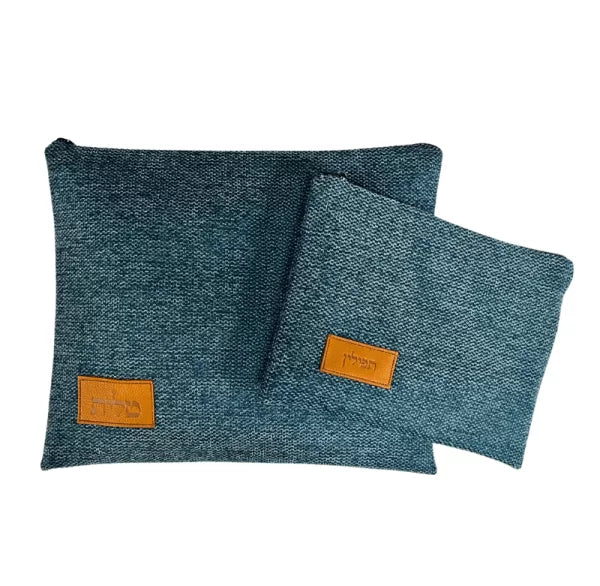 Handmade Linen Tallit & Tefillin Bag Set – Blue with Embossed Leather Patch