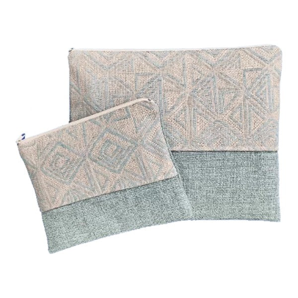 Handmade Linen Tallit & Tefillin Bag Set – Geometric Design (Beige & Denim Turquoise)